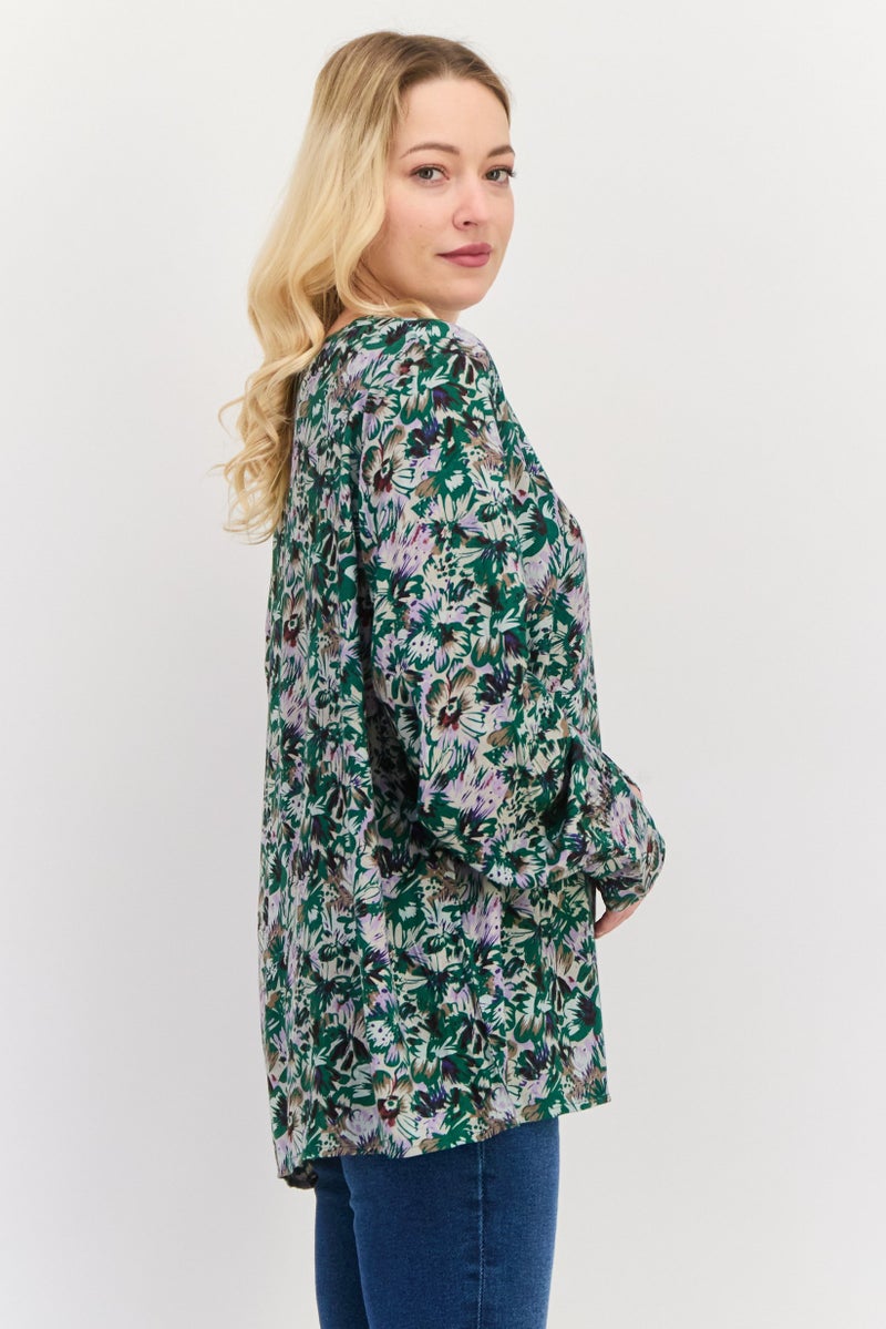 Fire & Glory Women  V-Neck Long Sleeves Floral Print Blouse, Green Combo - Image 2